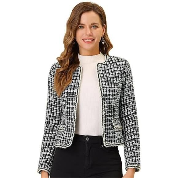 COPY - Women's Plaid Tweed Blazer: Long Sleeve Open Front Office Jacket - Picture 7 of 7